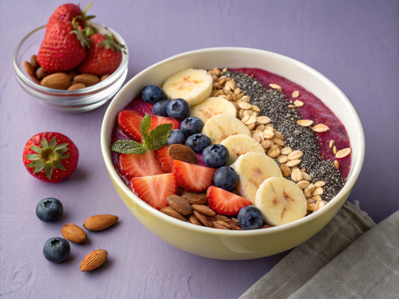 Acai bowl med färska bär och nötter